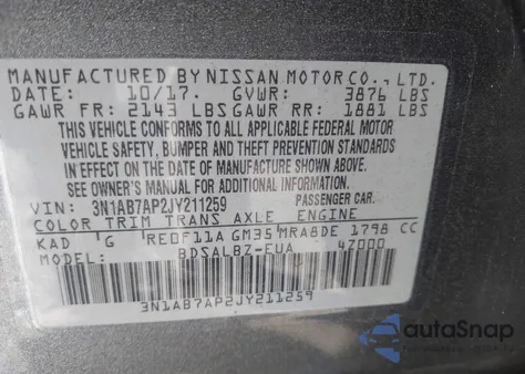 2018 Nissan Sentra S from USA, damaged, VIN 3N1AB7AP2JY211259